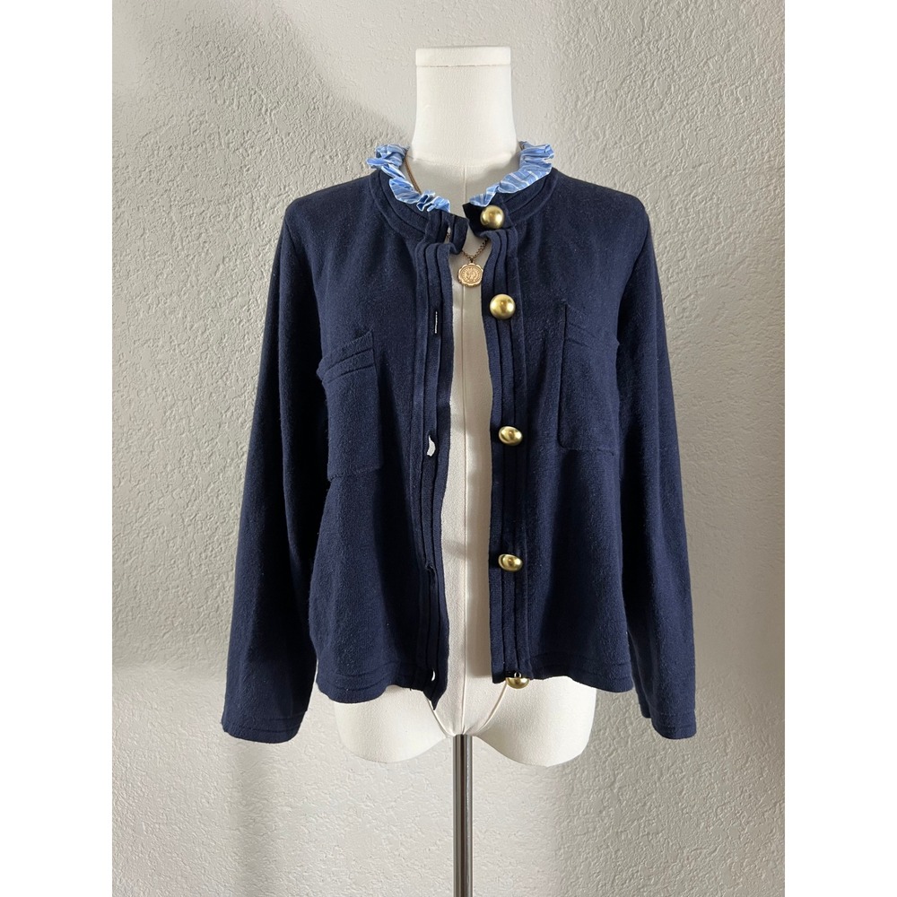 Navy Cardigan Jacket Gold Button Knit Sweater Gilmore Fall Academia Preppy Chic